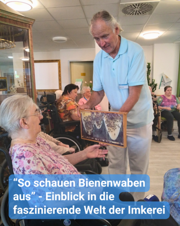 Eine Pflegekraft hält eine Bienenwabe vor einer Frau im Rollstuhl. Text: 'So schauen Bienenwaben aus' - Einblick in die Imkerei.