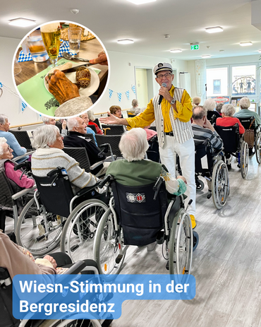 Ein Sänger singt vor älterem Publikum in einer Seniorenresidenz. Bild in Bild: bayerische Brotzeit. Bildbeschriftung: „Wiesn-Stimmung in der Bergresidenz“