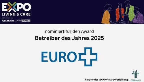 Grafik der Expo Living & Care, mit der Aufschrift: Nominiert für den Award „Betreiber des Jahres 2025“: EURO+