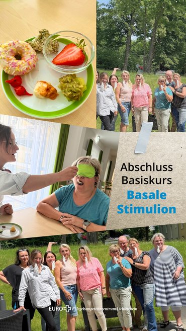Eine Collage zeigt Sinnesübungen, eine Gruppe im Freien und Text: 'Abschluss Basiskurs Basale Stimulation'.