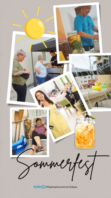 Eine Collage zeigt mehrere Fotos von einem Sommerfest mit Menschen, Essen und Getränken. Überschrift: 'Sommerfest'.