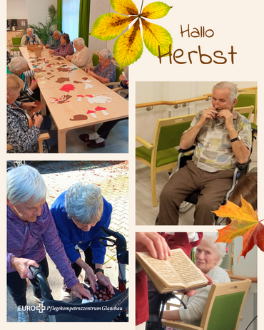 Bildcollage mit vier Fotos von herbstlichen Momentaufnahmen von Seniorinnen und Senioren. Dekoriert mit bunten Herbstblättern. Bildbeschriftung: Hallo Herbst