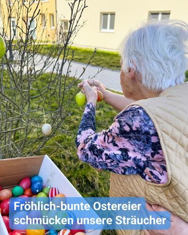 Eine Bewohnerin schmückt die Büsche mit bunten Ostereiern.