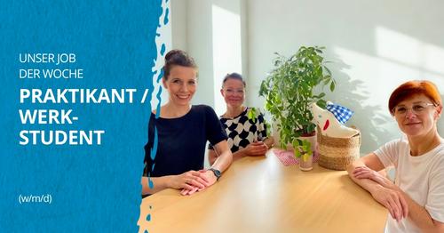Drei Frauen sitzen um einen großen Tisch. Auf dem Tisch befinden sich eine Topfpflanze und ein Korb mit einem blau-weißen karieren Stoff.  Das Bild ist eine Anzeige für eine Stelle. Der Text „UNSER JOB DER WOCHE PRAKTIKANT / WERKSTUDENT (w/m/d)“ ist in weißen Buchstaben auf einem blauen Hintergrund am linken Rand des Bildes zu lesen.