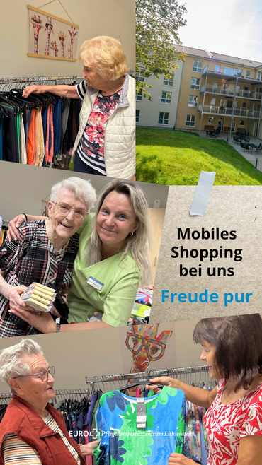 Bildcollage vom Textilverkauf im Pflegeheim zeigt Seniorinnen bei der Modeauswahl. Bildbeschriftung: Mobiles Shopping bei uns: Freude pur