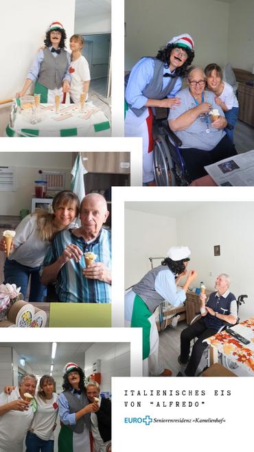 Bildcollage von verschiedenen Aufnahmen, wo Bewohner und Mitarbeiter vom Eisverkäufer ein Eis erhalten. Bildbeschriftung: Italienisches Eis von “Alfredo”