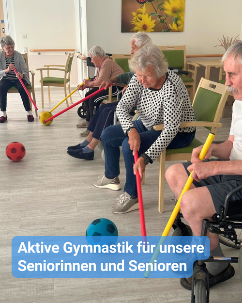 Seniorinnen und Senioren sitzen auf Stühlen in einem Kreis im Aufenthaltszimmer und spielen eine Art Hockey, ein Beispiel im Sitzen. Bildbeschriftung: Aktive Gymnastik für unsere Seniorinnen und Senioren