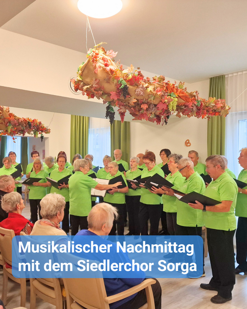 Eine Chor in grüner Kleidung spielt vor einem älteren Publikum. Bildbeschriftung: “Musikalischer Nachmittag mit dem Siedlerchor Sorga”