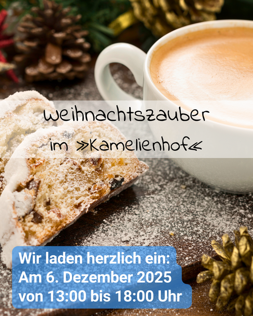 Ein aufgeschnittener Stollen liegt auf einem mit Puderzucker bestäubten Holztisch. Daneben steht eine Tasse Cappuccino. Im Hintergrund sind weihnachtliche Dekorationen wie Tannenzapfen und goldene Ornamente zu sehen. Über dem Bild steht der Text „Weihnachtszauber im ›Kamelienhof‹“ sowie ein blauer Kasten mit der Einladung „Wir laden herzlich ein: Am 6. Dezember 2025 von 13:00 bis 18:00 Uhr“.