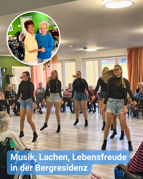 Tanzveranstaltung im Pflegeheim: Karnevalsauftritt vieler Mädchen. Bildbeschriftung: “Musik, Lachen, Lebensfreude in der Bergresidenz”