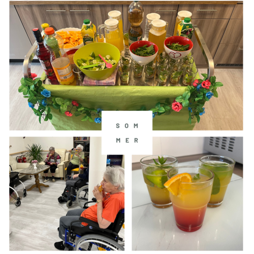 Bildcollage von drei Fotos mit Früchten, Cocktails und Senioren, die die Cocktails genießen. Bildbeschriftung: Sommer