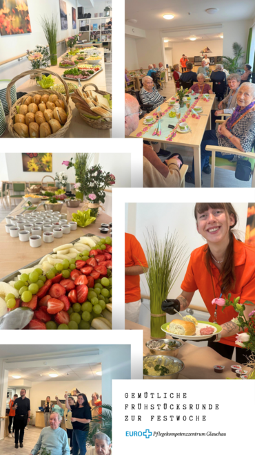 Eine Collage aus mehreren Fotos eines Frühstücks mit Bewohnern und Buffet. Text: 'Gemütliche Frühstücksrunde zur FESTWOCHE'.