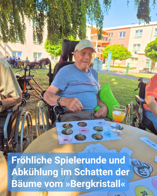 Eine Gruppe von Senioren genießt ein Spiel im Schatten hoher Bäume vor einem Gebäude an einem sonnigen Tag.