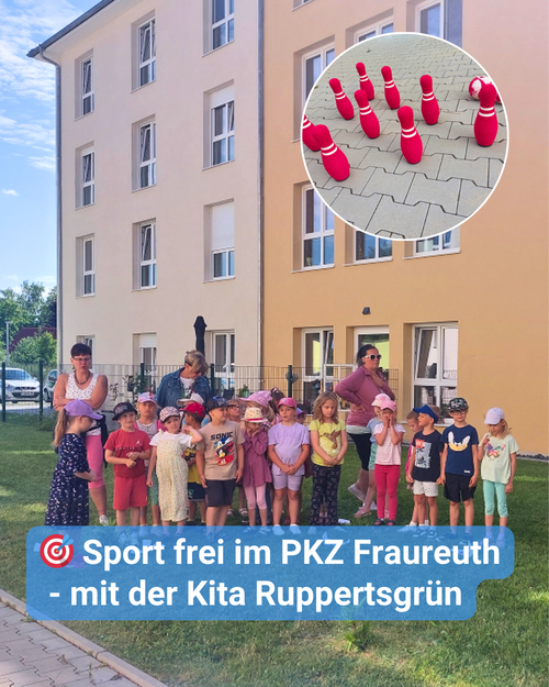 Eine Gruppe Kinder und Erwachsene vor einem Gebäude, oben rechts ein Miniaturbild mit Kegeln. Text: „Sport frei im PKZ Fraureuth – mit der Kita Ruppertsgrün'.