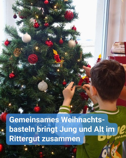 Ein Junge wird von hinten fotografiert, wie er selbst gebastelten Weihnachtsschmuck an der Tanne anbringt. Bildbeschriftung: “Gemeinsames Weihnachtsbasteln bringt Jung und Alt im Rittergut zusammen”