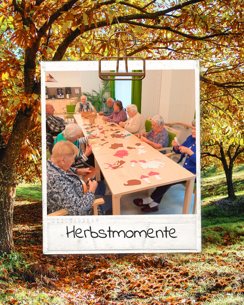 Bildcollage. Ein Polaroid ist im Vordergrund mit einer Gruppe Senioren, die Herbstdeko basteln. Im Hintergrund ist ein herbstlicher Ahornbaum zu sehen. Bildbeschriftung: Herbstmomente